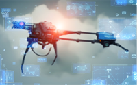 A photo of two drones flying through the air